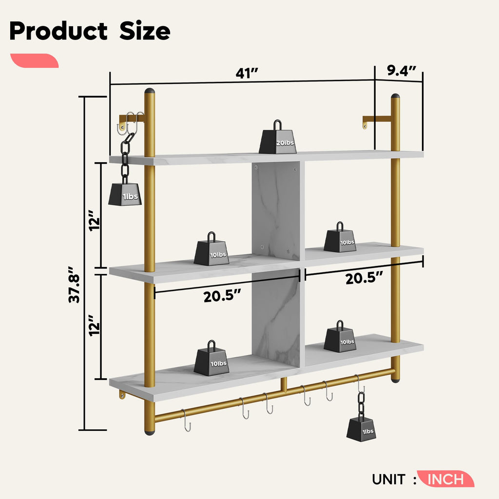 Kitchen Shelves Wall Mounted Floating Pipe Shelving 3 Tier 41.5" Coffee Bar Shelf with Holder Wall Display Storage