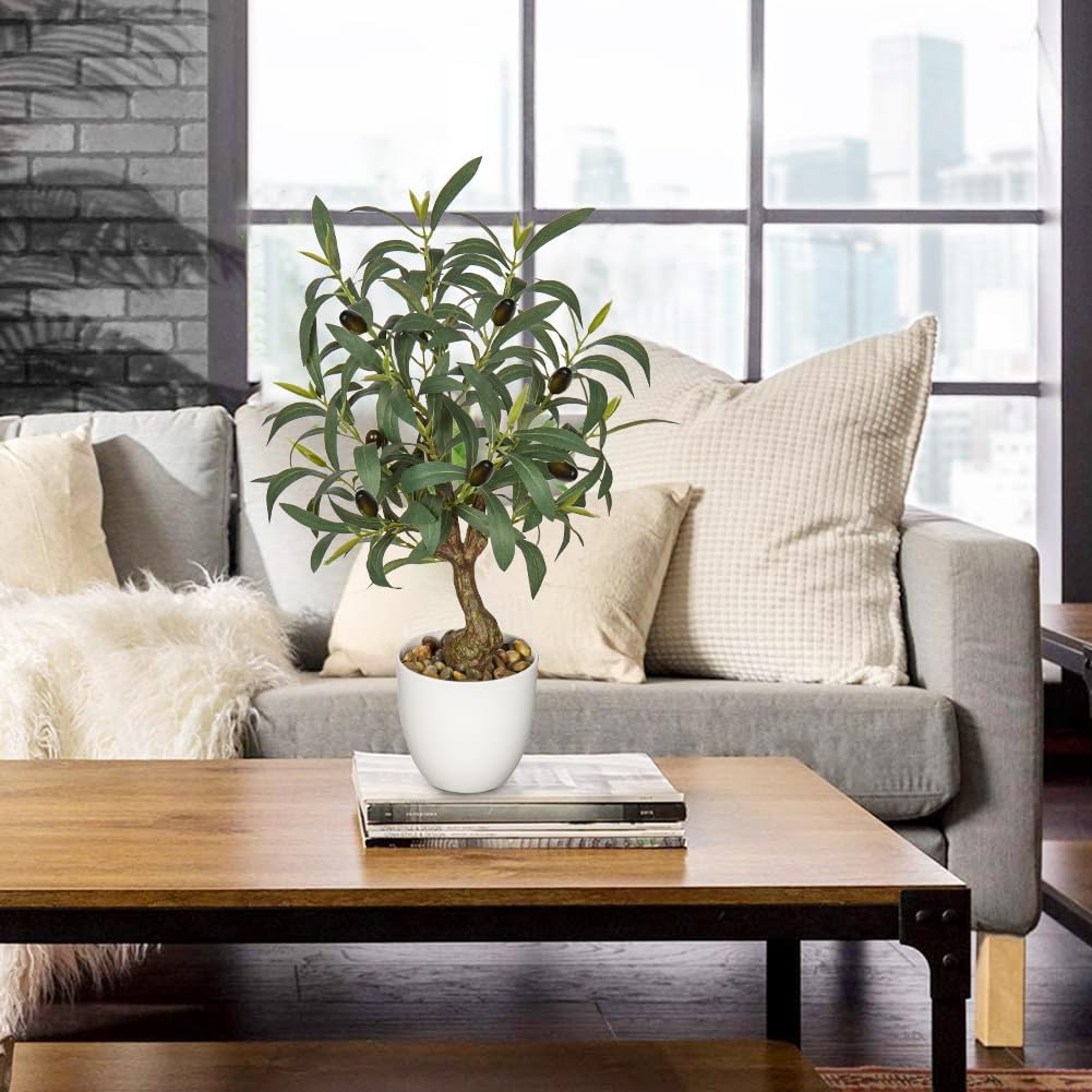 17.7 Inch Artificial Olive Tree in White Pot for Tabletop Decor