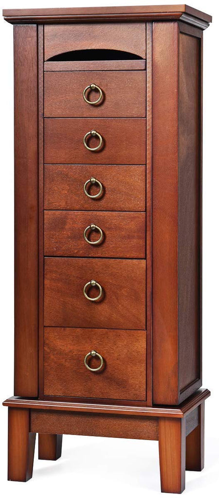 6 Drawers Jewelry Armoire Cabinet, Standing Jewelry Storage Chest with Mirror, 8 Necklace Hooks Wooden Jewelry