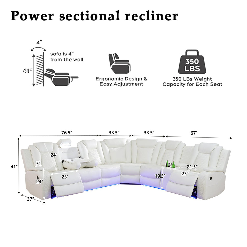 Power Recliner Sofa Set Sectional Couches with LED Light, Leather Reclining Corner Sectional Sofa Set with 2