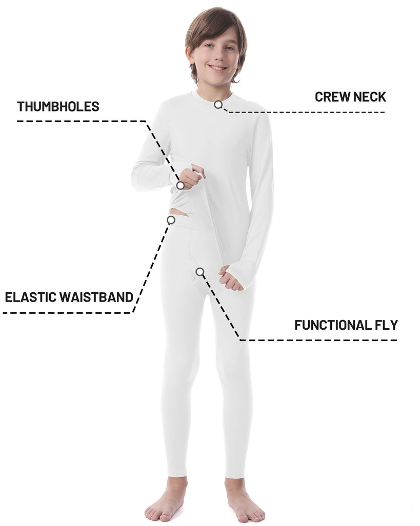 Thermal Underwear for Kids Thermals Top and Bottom Set Boys Soft Long Johns Fleece Lined Base Layer for Skiing White L