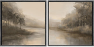 Framed Canvas Print Wall Art Set Muted Beige Landscape Artwork, Soft Forest Lake Illustrations Modern Art Minimal