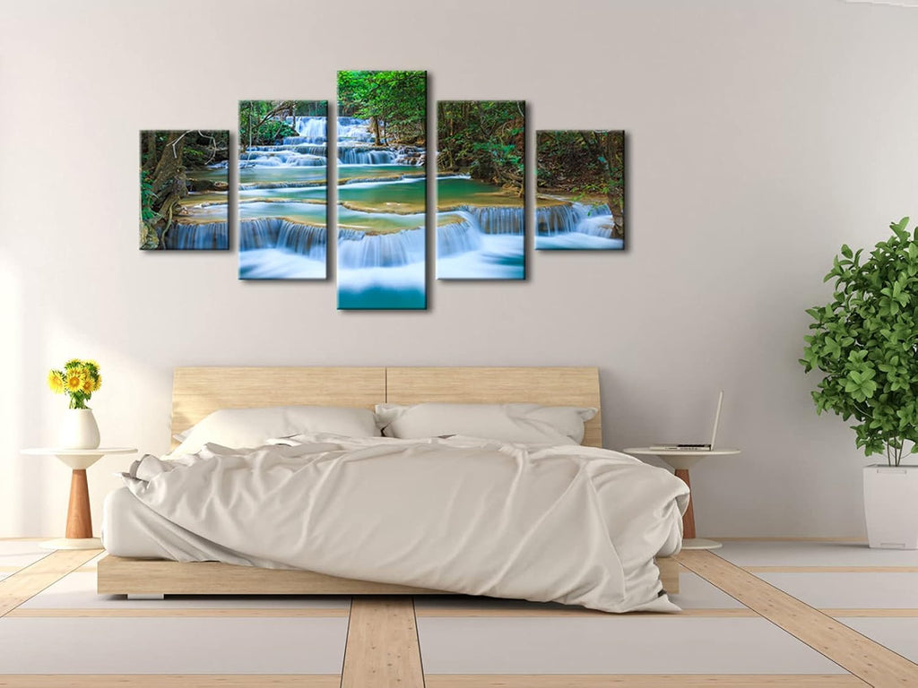 Peaceful Waterfall 5 Panels Large Canvas Paintings Wall Art Modern Gallery Wrapped Landscape Forest Giclee Canvas