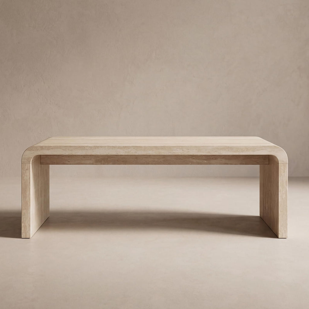 47" Travertine Look Coffee Table, Thick Waterfall Edge Wood