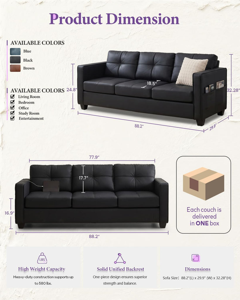 Black Faux Leather Sectional Couch, 3-Piece Sofa Set