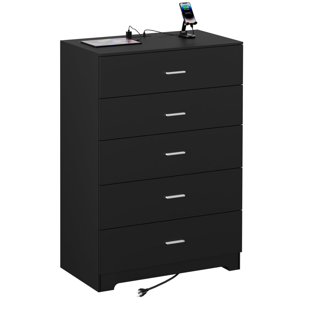 Dresser with Power Outlets Wood 5 Drawer Dresser with Large Storage Space Black Chest of Drawers with Smooth Metal