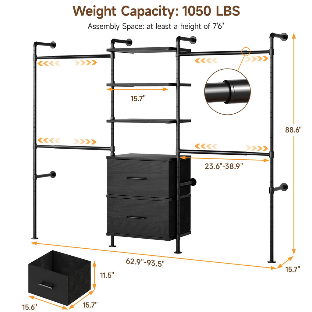 T3 Wall Mounted Industrial Pipe Closet Organizers Storage System