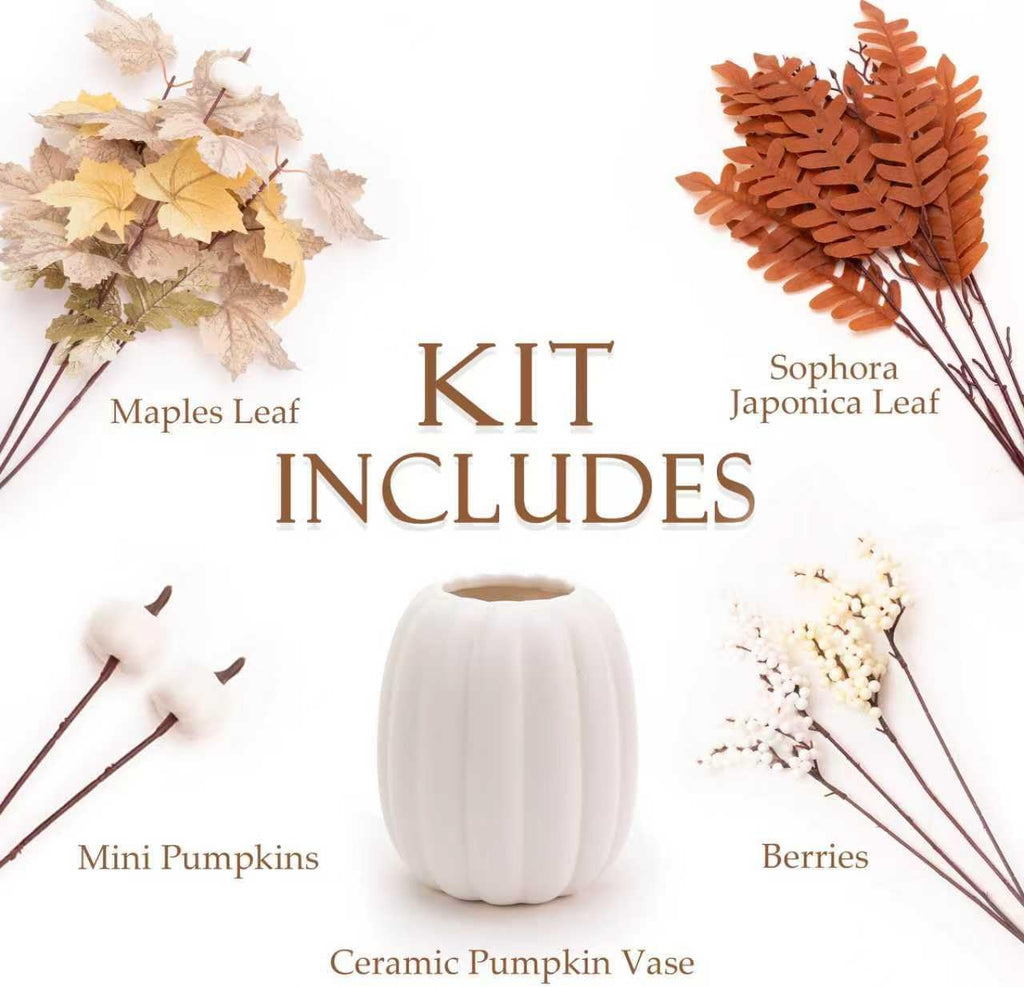 Fall Decor - Ceramic Pumpkin Vase with Autumn Maple Leaf Pumpkin Berry Stems - Table Centerpieces Thanksgiving - Set of 15