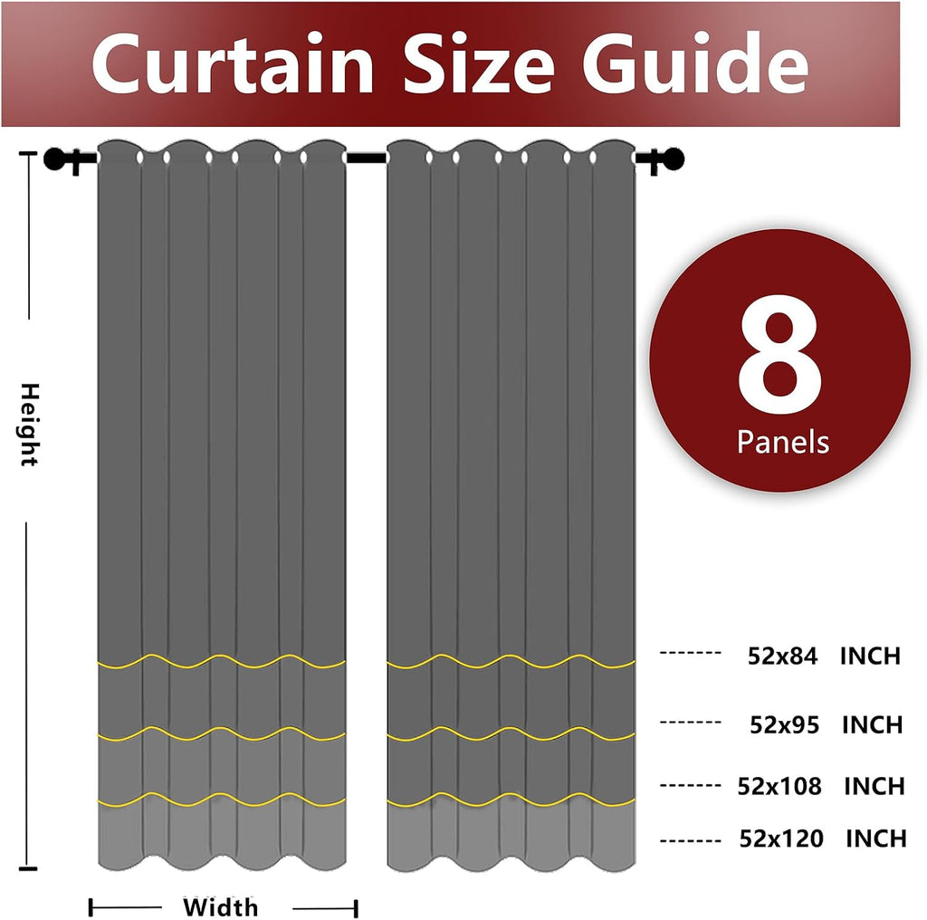 8 Panels Outdoor Curtains Waterproof - 52x95 Inches Silver Blackout Curtains, Polyester Weatherproof Privacy Drapes
