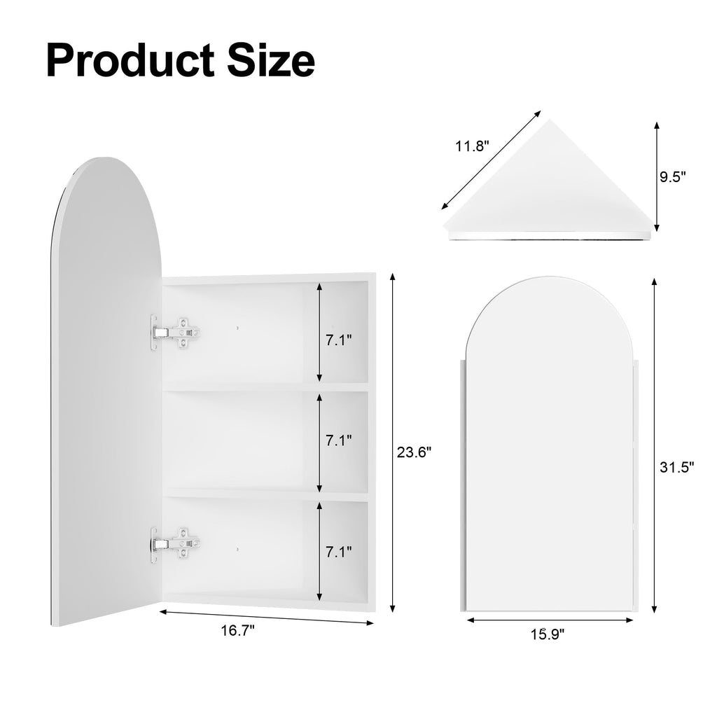 White Arched Corner Medicine Cabinet with Mirror, 16x31