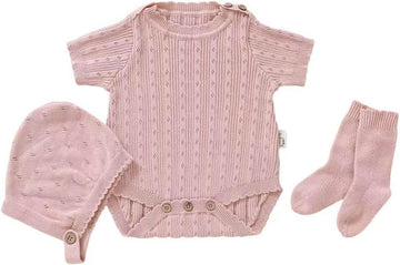 Cotton Baby Set with Knitted Short Sleeve Sweater, Hat, Socks