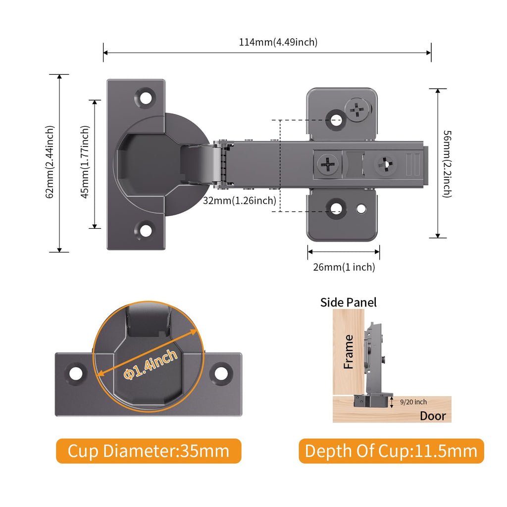 2 Pack Frameless Full Overlay Soft Close Concealed Hinges, Black Titanium Plated, Self Closing, 105° Open Angle 3D