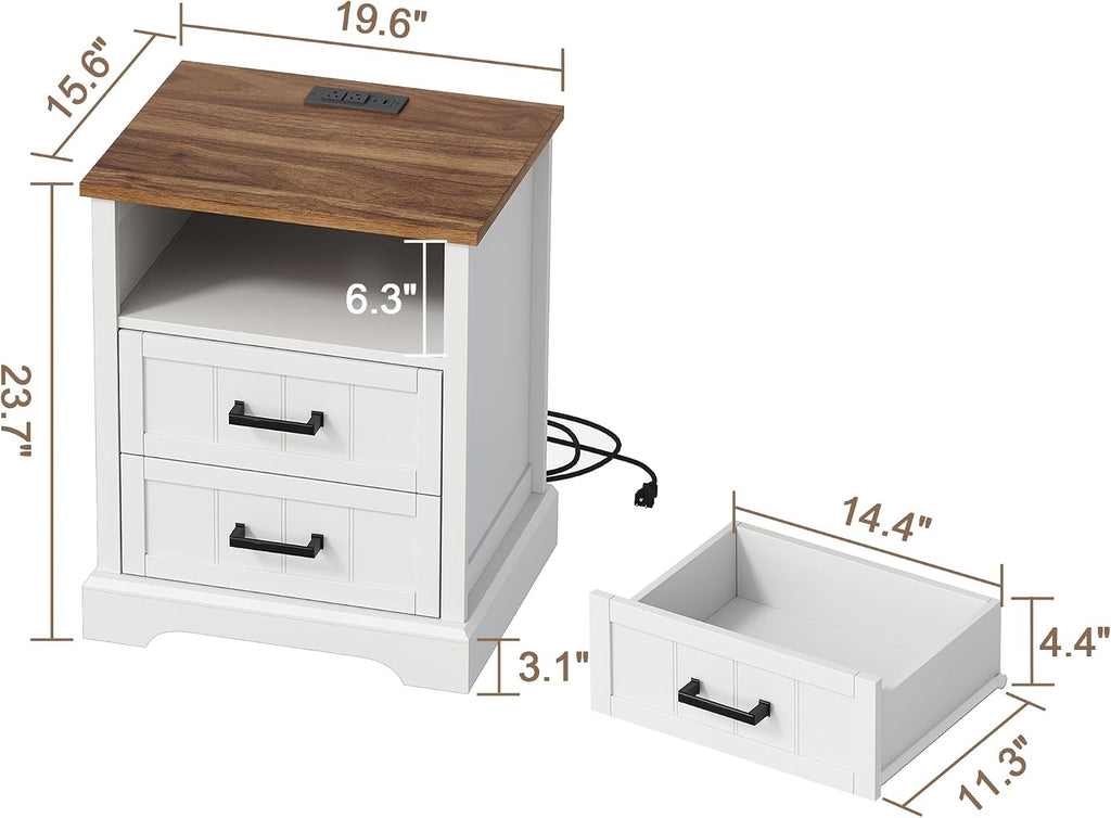 Farmhouse Night Stands with Charging Station, Wood Nightstand Set of 2 with 2 Drawers, Bedside Table with Open