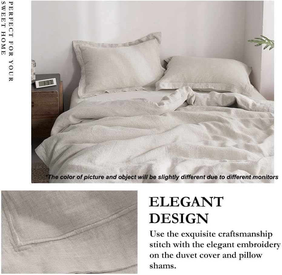 100% Linen Duvet Cover Set with Embroidery Border Washed - 3 Pieces (1 Duvet Cover with 2 Pillow Shams) with Button