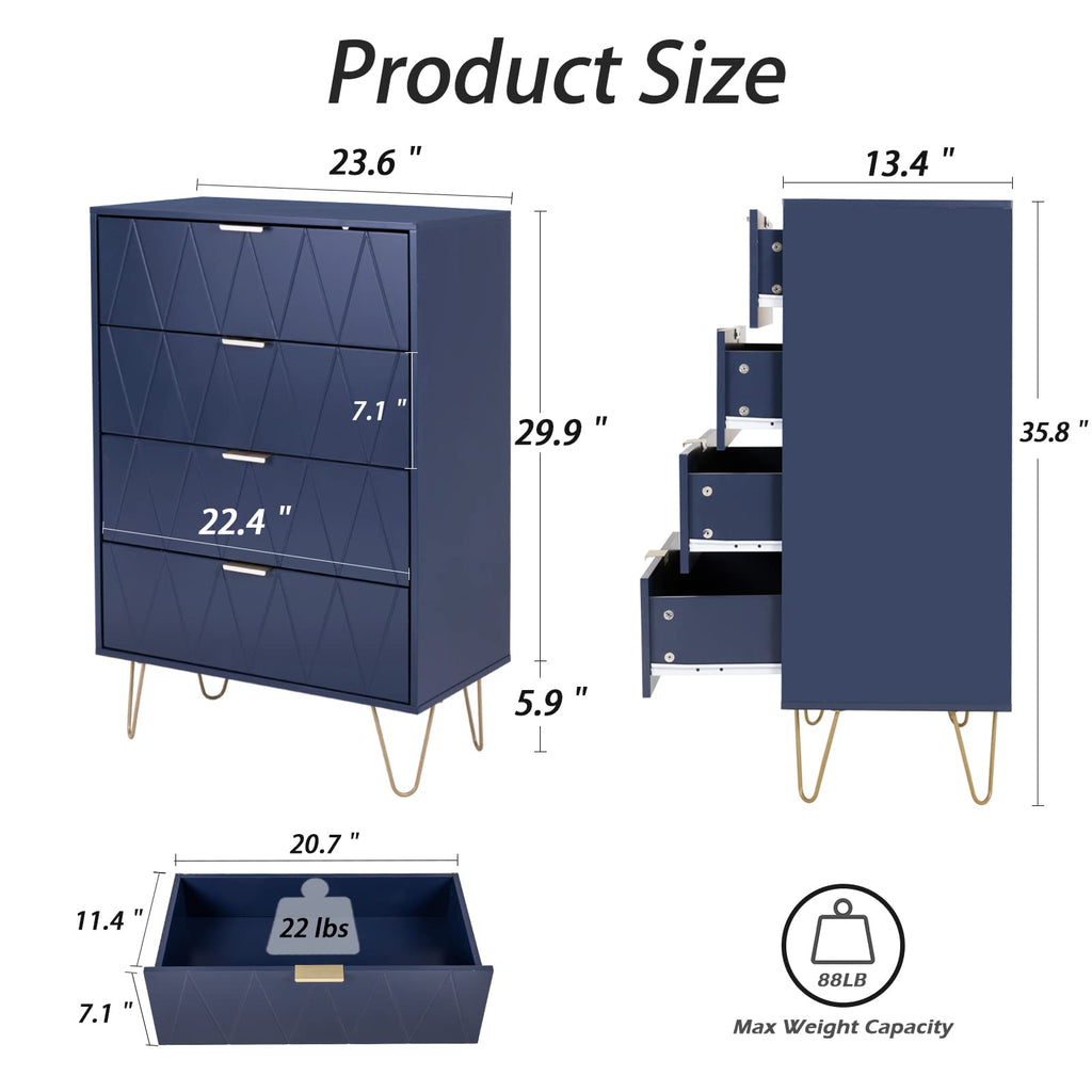 Navy Blue Tall 4 Drawer Dresser Black with Gold Handles, Drawer Chest Tall Storage Dresser Cabinet Organizer Unit
