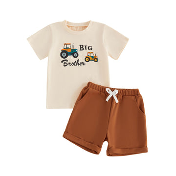 Toddler Boy Summer Clothes Big Brother Shirt Short Sleeve Letter Tractors Print Tops and Shorts Sets Summer Outfits