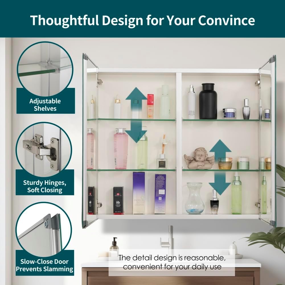 Double Doors Medicine Cabinet with Mirror, 30 inch X 26 inch Aluminum Bathroom Medicine Cabinet, Adjustable Glass