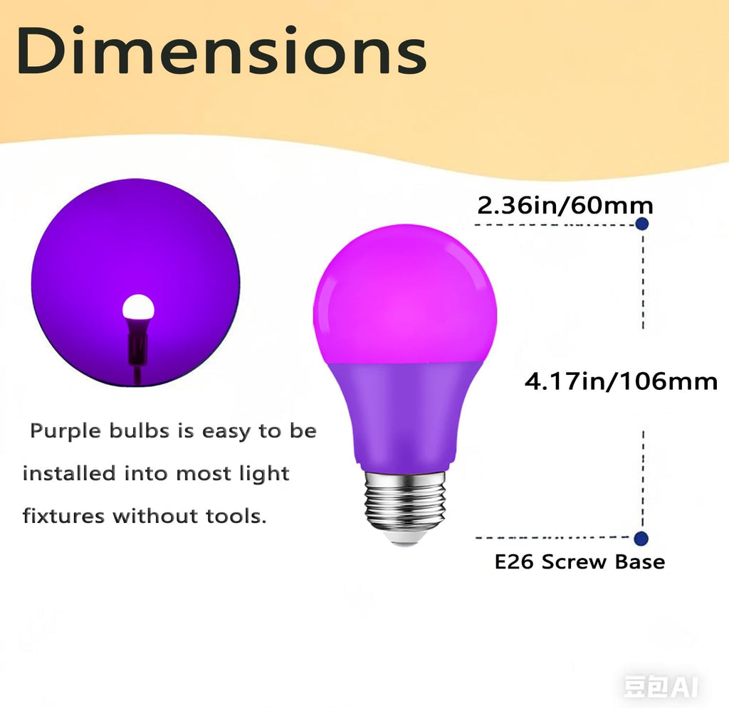 LED Purple Light Bulbs, A19 9W(60W Equivalent), E26 Base for Party