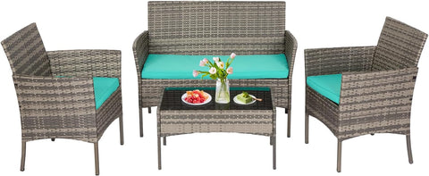 Patio Conversation Set 4 Pieces Outdoor Furniture Set Wicker with Rattan Chair Loveseats Coffee Table for Outdoor Indoor Garden Backyard Porch Poolside Balcony,Gray Wicker/Blue Cushions A106-B0BMP92X8B