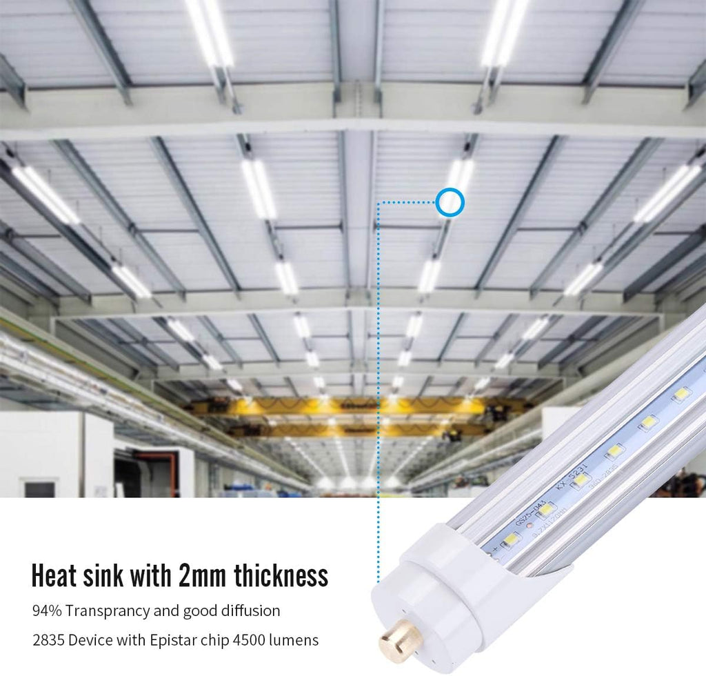 LED Tube Light Bulb T8 8FT (Ballast Removal) 45W Single Pin FA8 Base, Dual-Ended Power, Cold White 6000K, Clear