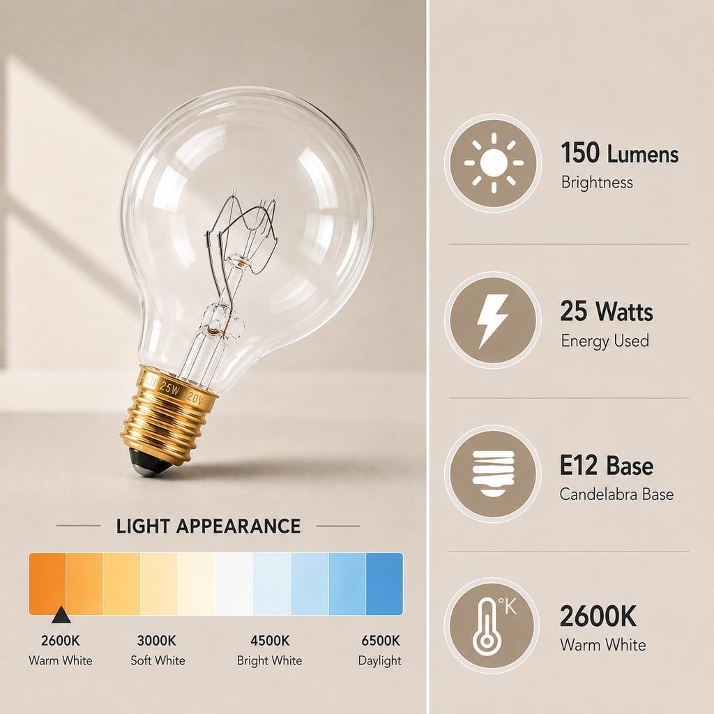 G16.5 Clear Incandescent Globe Bulbs, 25W, E12 Candelabra Base, 10-Pack