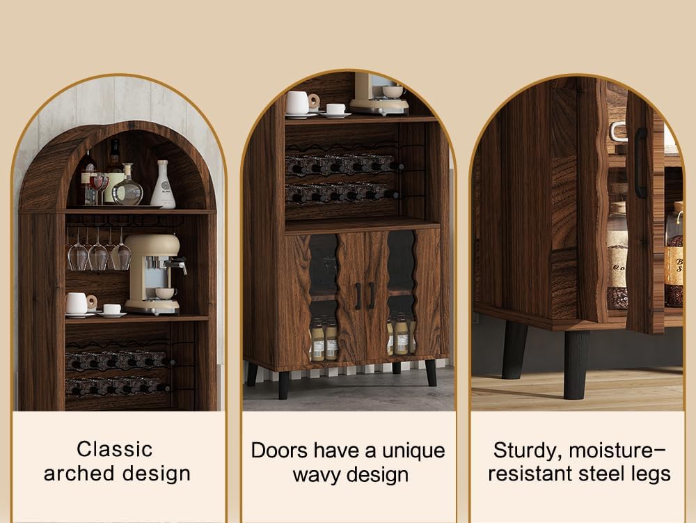 71" Farmhouse Arched Bar Cabinet with Wine Rack, Brown Wine Cabinet | 16 Glass Holder, Farmhouse Style, 15-Bottle