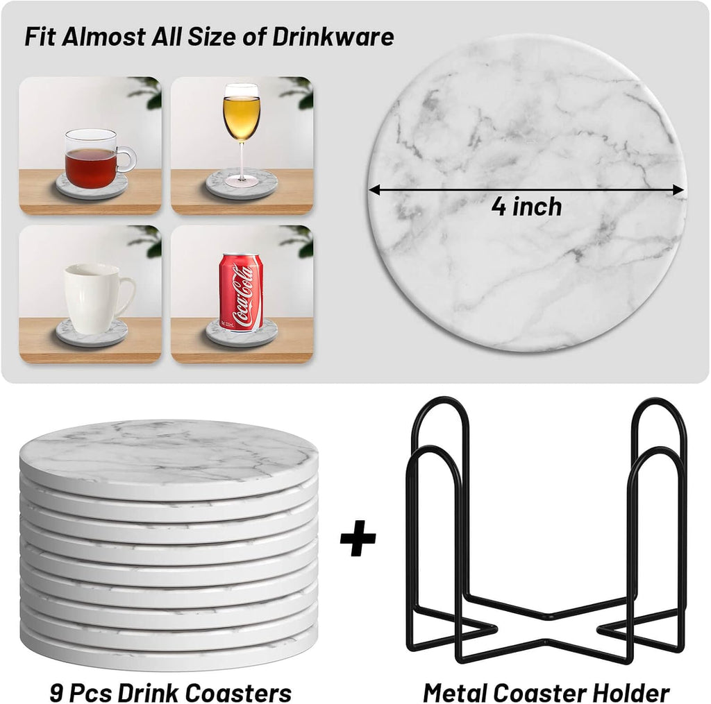 Ceramic Coasters for Drinks with Holder, Absorbent Drink Coasters for Coffee Table, Marble Style Coasters - Set of 9