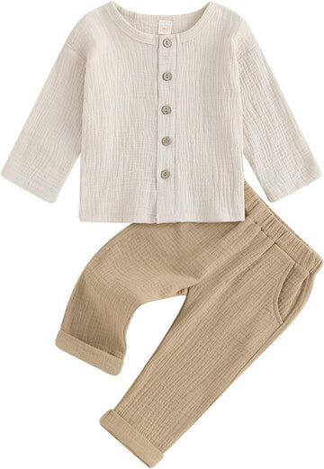 Toddler Boy Linen Outfit Baby Boy Fall Winter Clothes Set Button-Down Shirt Tops Cotton Linen Pants 2PCS