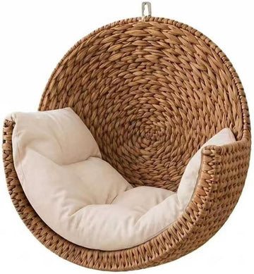 Hanging Cat Bed - Woven Rattan Wall-Mounted Pet Hammock with Soft Cushion