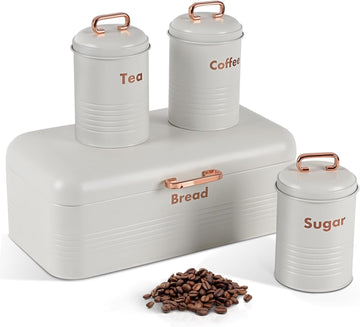 White Bread Box Countertop with Tea Coffee Sugar Containers Set - Metal Bread Storage Bin with Lid, Kitchen Canister - Set of 4