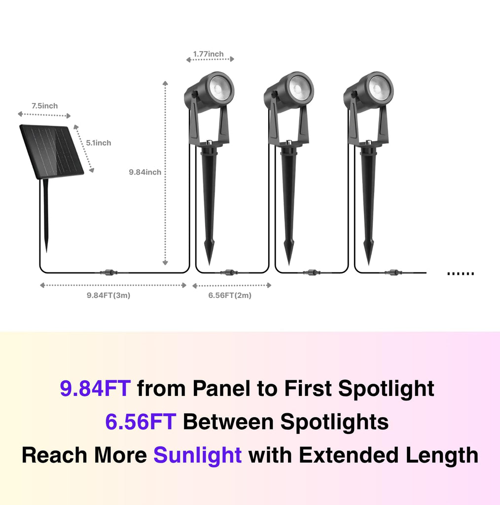 Solar Landscape Spotlights, Long Cable (9.8+7×6.5ft), Remote Control, Timer, Dimmable, Flashing, Auto On Off, 6000mAh