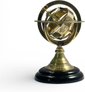 Vintage Brass Armillary Sphere Astrolabe 6 Inch - Antique Nautical Desk Decor, Astronomical Globe Model with Wooden