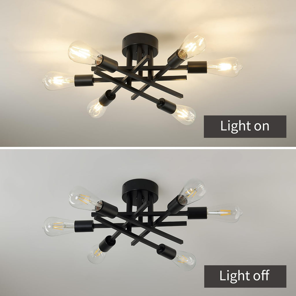 Semi Flush Mount Motion Sensor Ceiling Light Fixture, 6 Lights Black Vintage Matte Sputnik Chandelier Ceiling Lamp