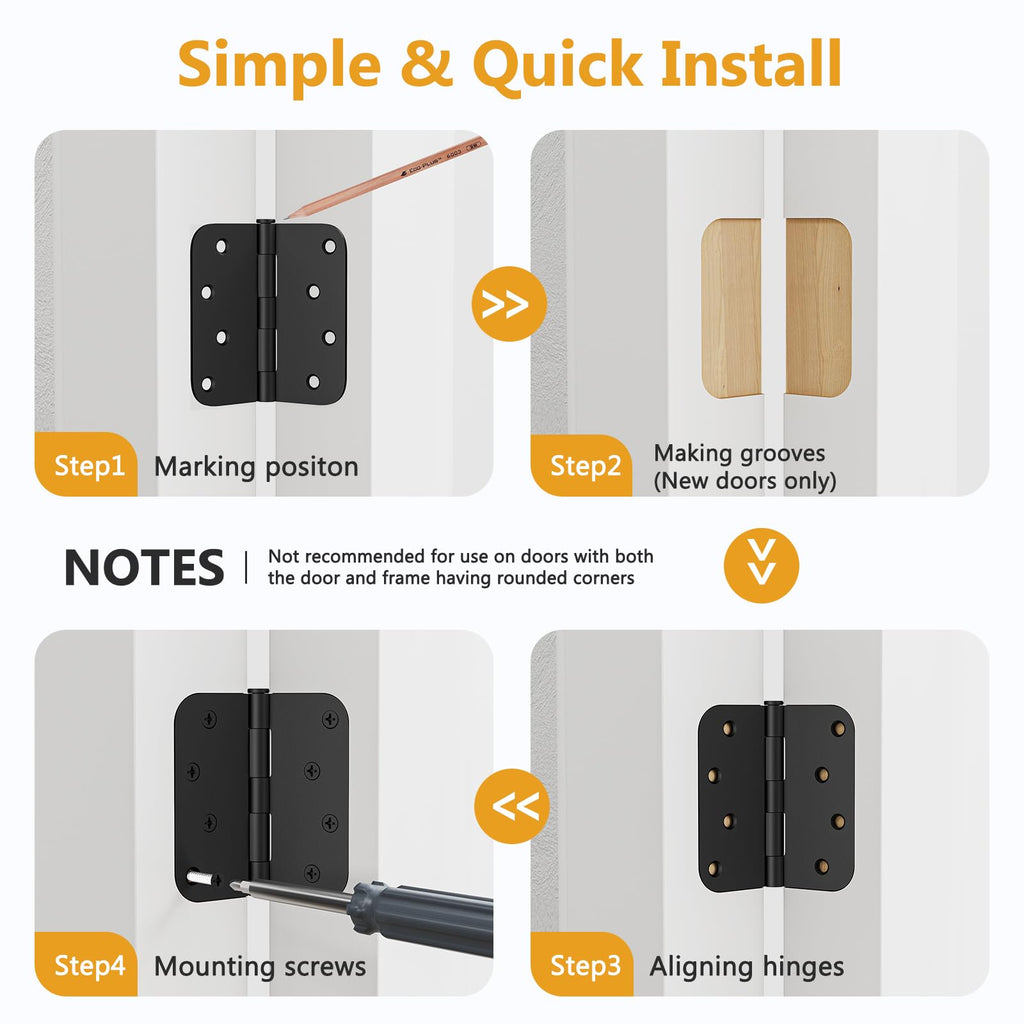 6 Pack Rounded Door Hinges 4 Inch, Black Exterior & Interior Door Hinge with 5/8'' Radius Corner, Removable Pin