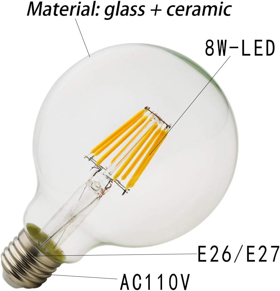 LED Globe Bulb 8W 2200K Warm White 650 Lumens, E26/E27 Base Vintage G95 Clear Glass Globe Edison Style LED Filament