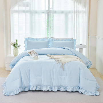 5 Pieces Light Blue Full Bed in A Bag for Kids Girls Ruffle Bedding Sets Boho Comforter Set Vintage Farmhouse Bedding