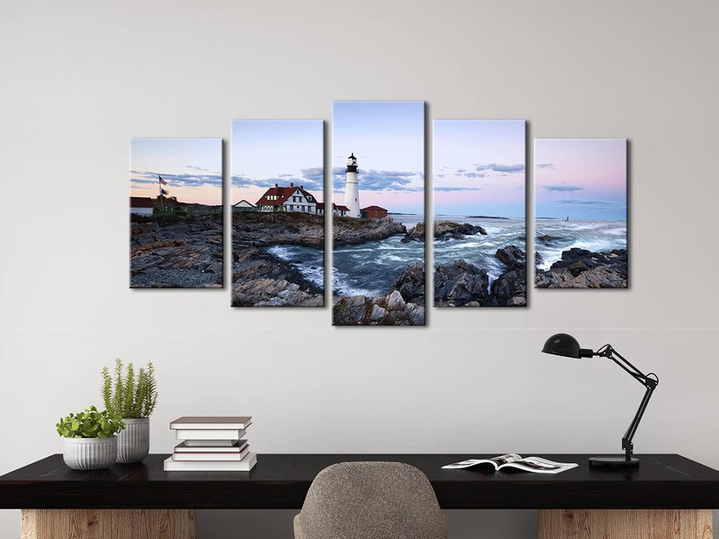 Portland Lighthouse 5 Panels Modern Canvas Prints Artwork Seascape Pictures to Photo Paintings on Stretched and