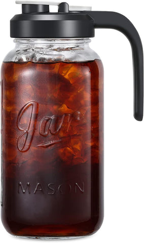 2 Quart Glass Pitcher with Lid - Airtight & Leakproof Mason Jar Pitcher with Filter Lid, Wide Mouth Glass Jar, Heavy