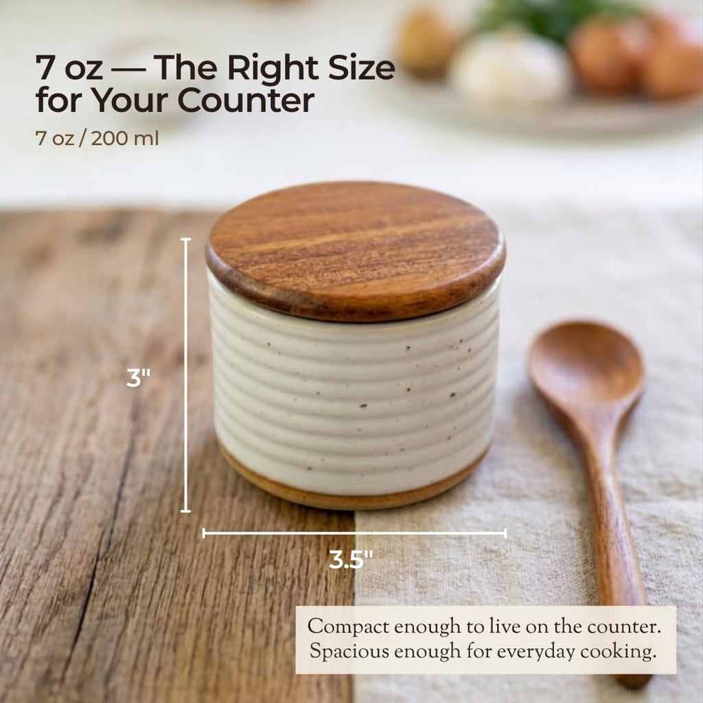 Ceramic Salt Cellar with Acacia Wood Lid & Natural Clay Base