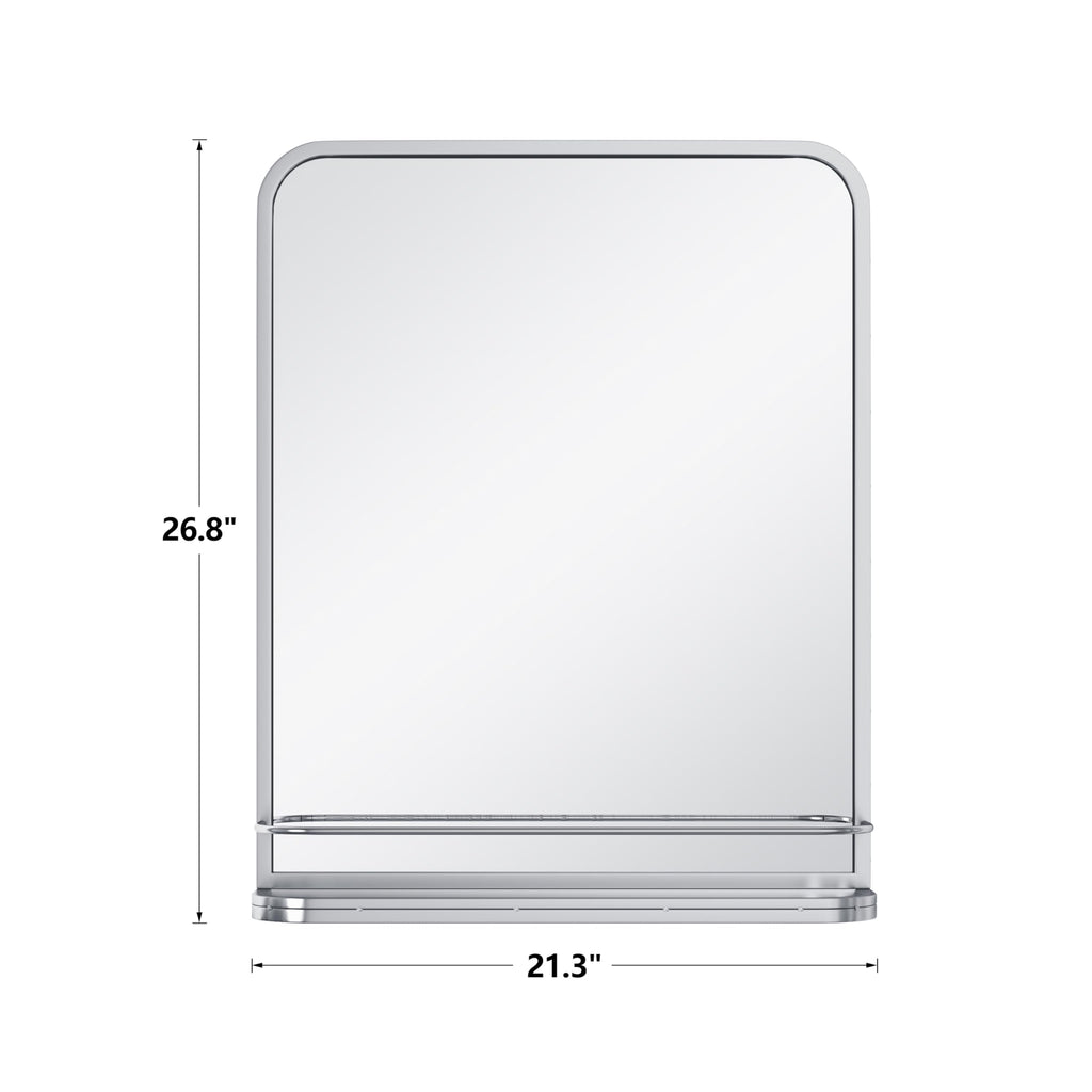 Sliver Bathroom Mirror with Shelf Vanity Mirror,Rectangle Metal Framed Rounded Corner Wall Mirror Living