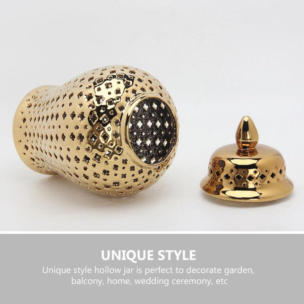 Ceramic Ginger Jar with Lid Lattice Decorative Temple Jar Cut Out Ceramic Vase and Kitchen Decoration Golden 22x10cm