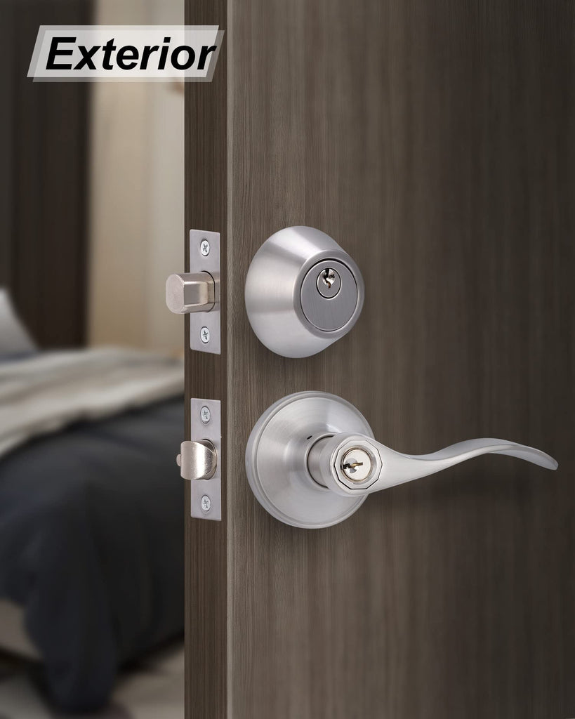 Keyed Alike Front Door Lever Lockset with Single Cylinder Deadbolt Combination Set, Exterior Door Knob with Lock and