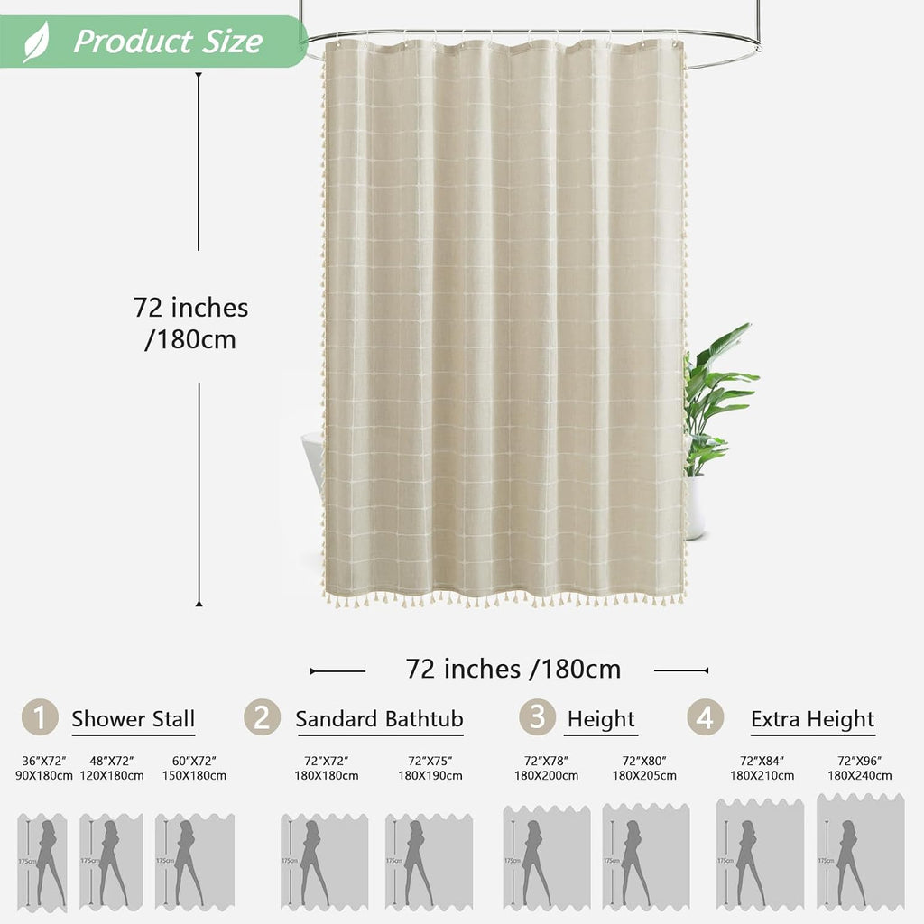 Linen Shower Curtain, Beige Boho Farmhouse Fabric Shower Curtains , Natural Waterproof Cloth Weighted Textured Modern