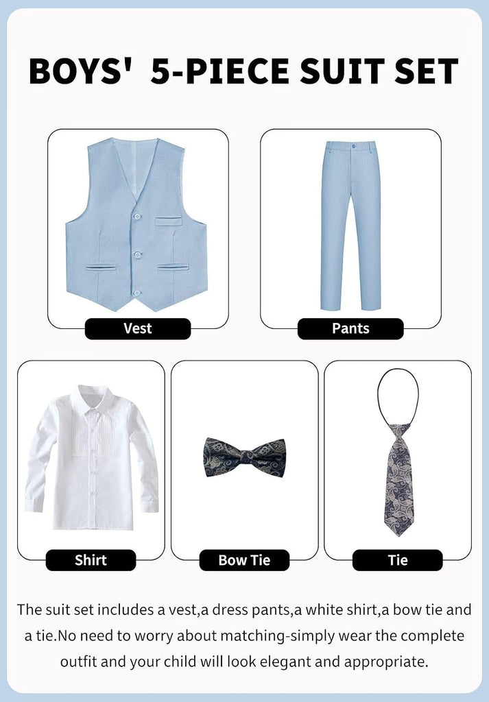 Boys Linen Suit 5 Piece Dress Tuxedo Kids Wedding Suits Vest Set