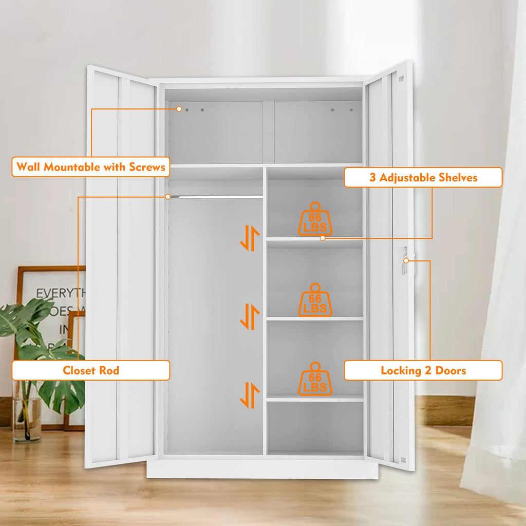 Steel Wardrobe Cabinet with 2 Doors, White Metal Locker Cabinet for Storage with Hanging Rod and 4 Shelves, Lockable
