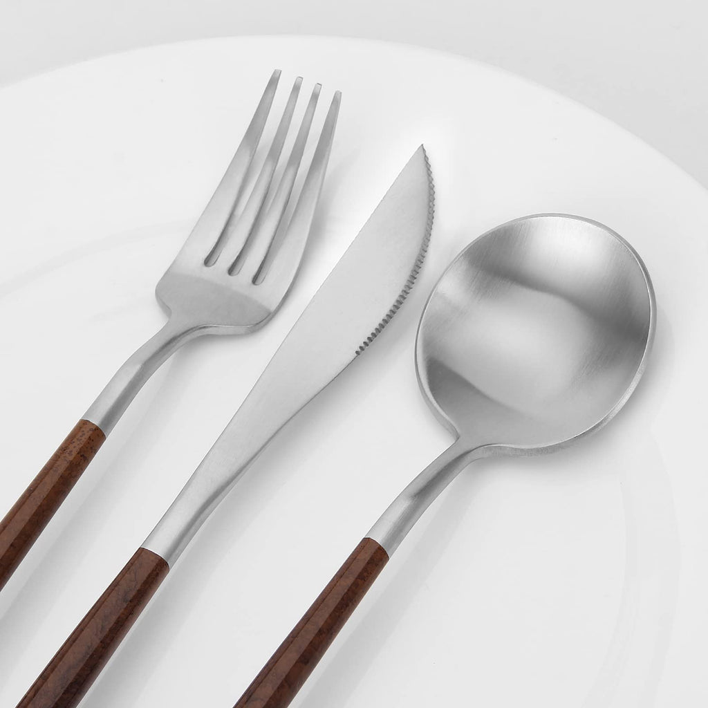 Matte Silver Silverware Set With Brown Handle, 20 Piece Stainless Steel Cutlery Flatware Set, Kitchen Utensil Sets