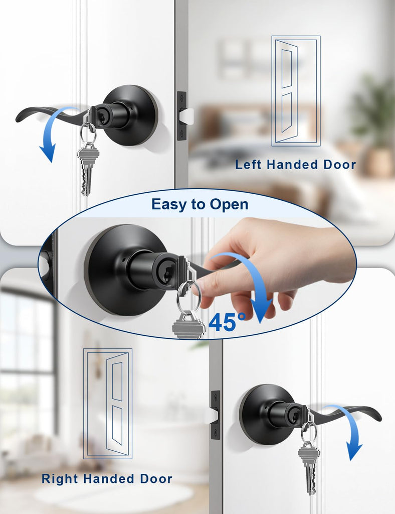 4 Pack Keyed Entry Door Lever Lock for Exterior Door Handleset, Entrance Door Handles Lockset in Black Each with 3