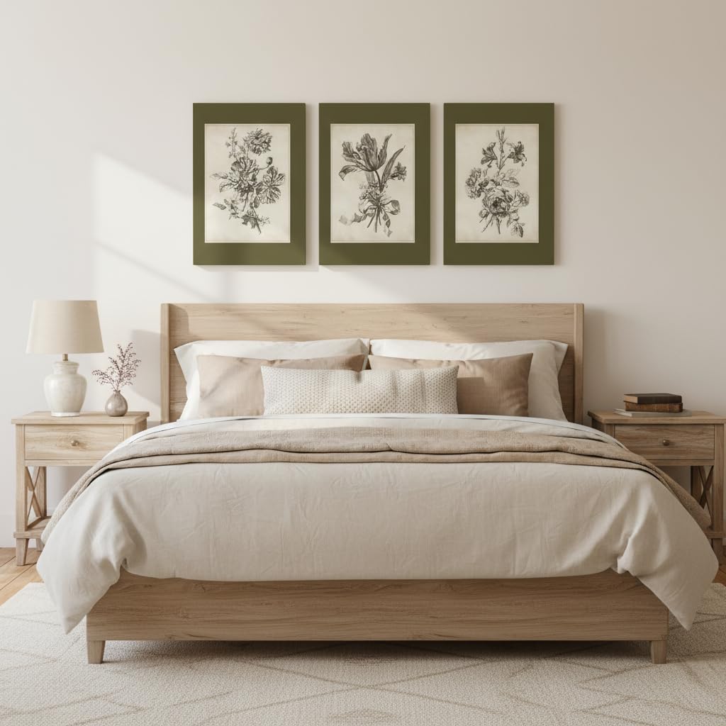 Vintage Botanical Wall Art Set of 3, Olive Green Floral Canvas Prints, Antique Flower Illustrations Bedroom Bathroom
