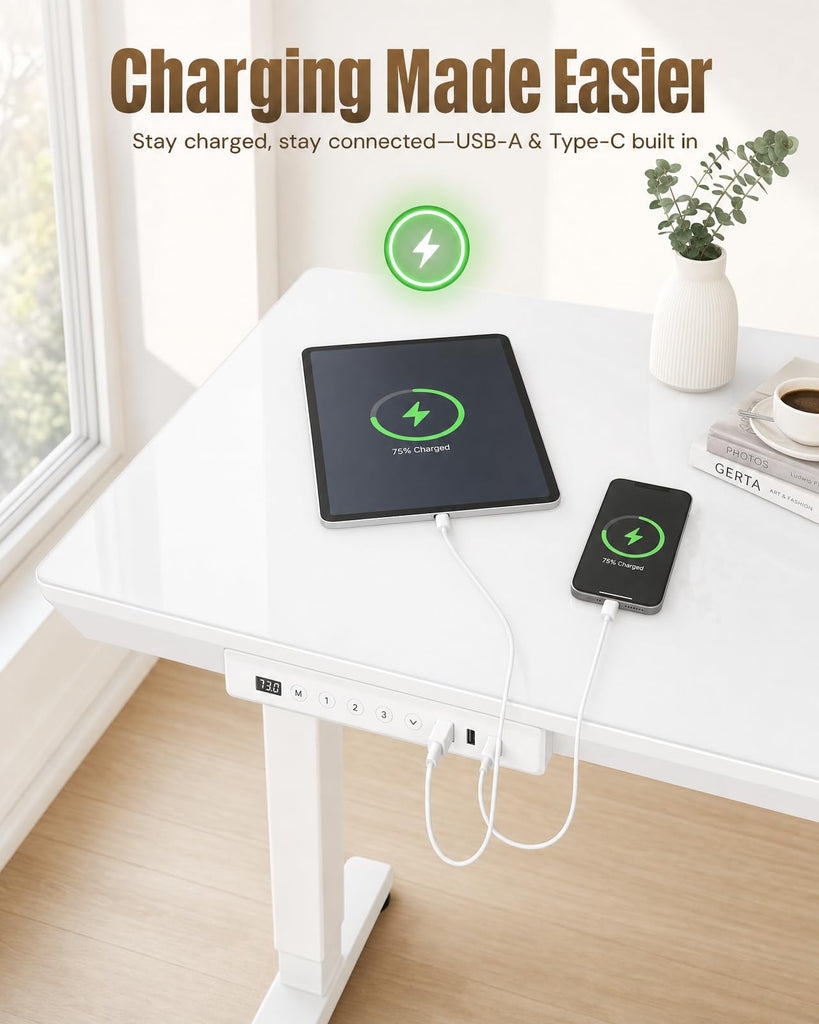 Glass Standing Desk, 35 Inch Small Sit Stand Desk, Pure White