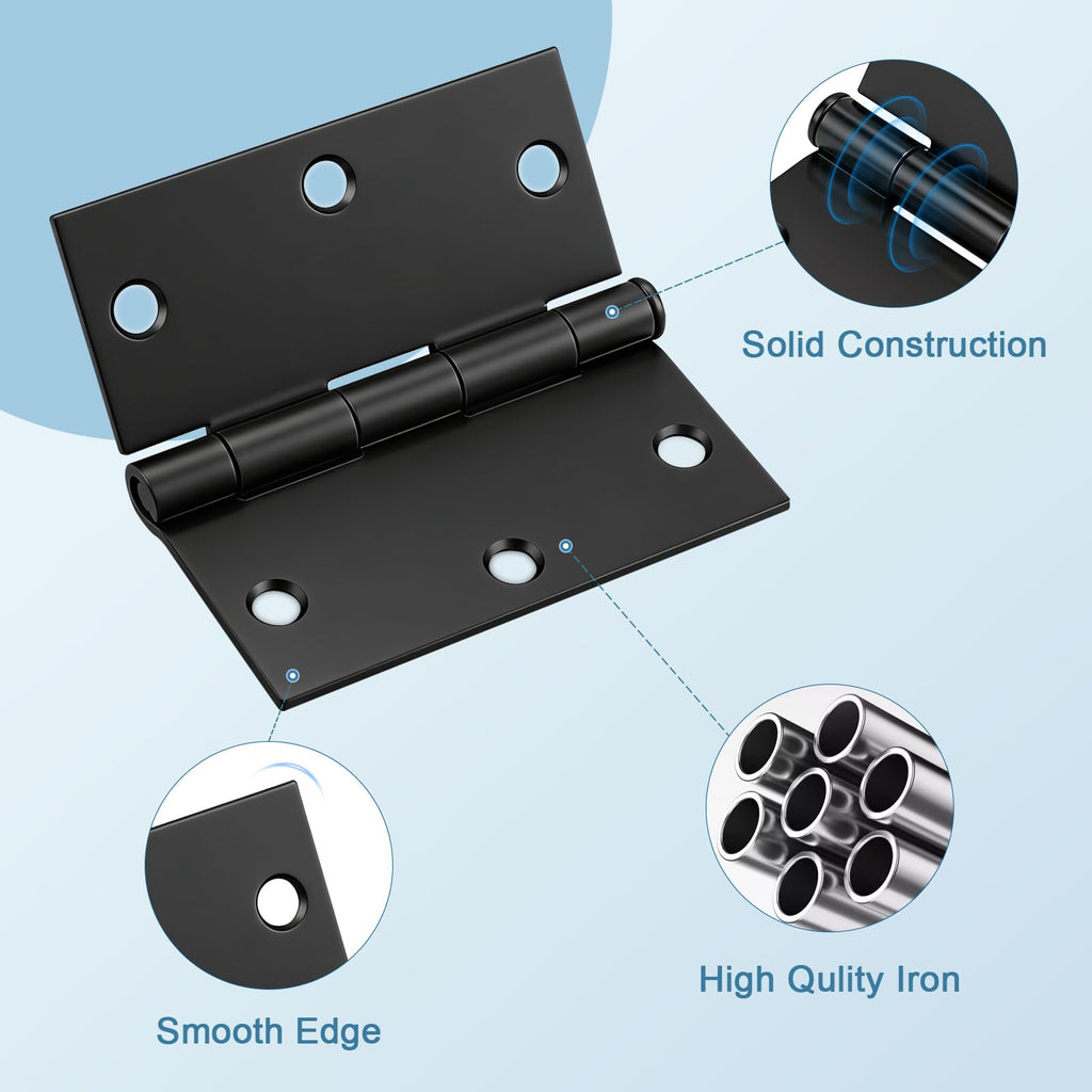 Matte Black Door Hinges, 3.5" x 3.5" Interior Door Hinges, 18 Pack